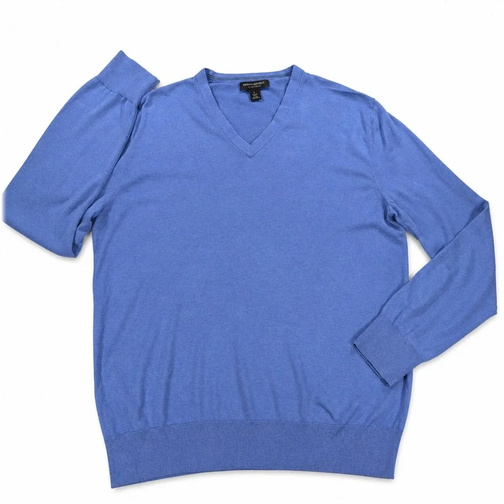 Banana Republic Luxury Blend Silk Cashmere V-Neck Sweater Blue Lg Mens Pullover